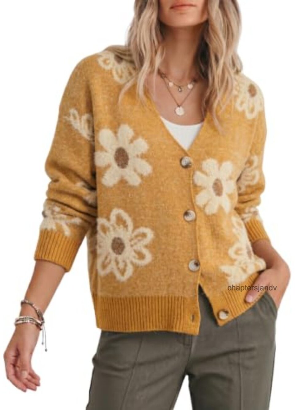 Fuzzy Floral Knit Open Front Cardigan Sweater Button Down Long Sleeve